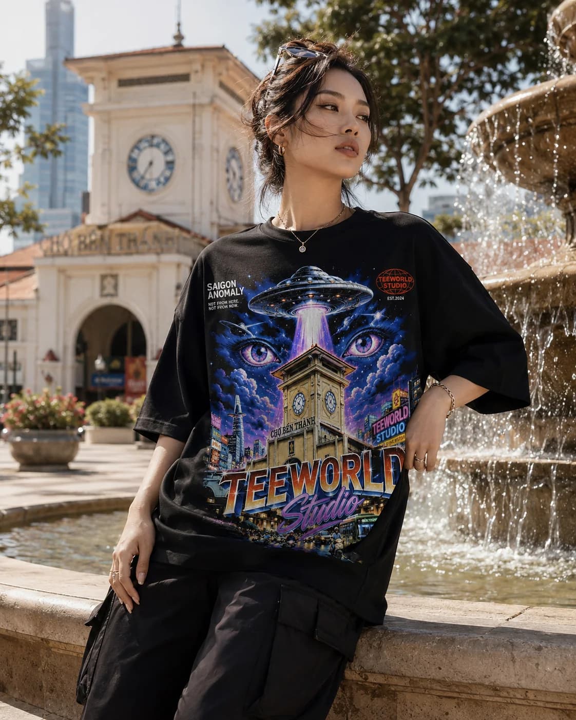 Người mẫu mặc Saigon Anomaly Tee tại Chợ Bến Thành
